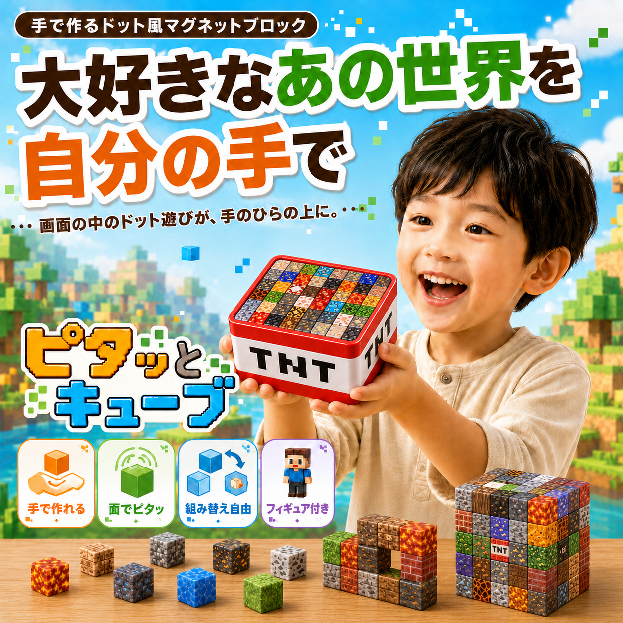 ピタッとキューブ｜手で作るドット風マグネットブロック
