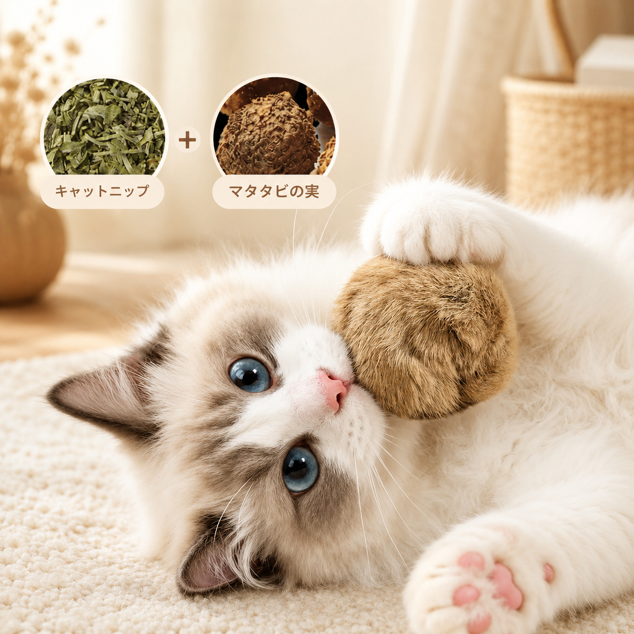 天然うさぎ毛のふわもこ猫ボール｜くわえて遊べる上質やわらかおもちゃ