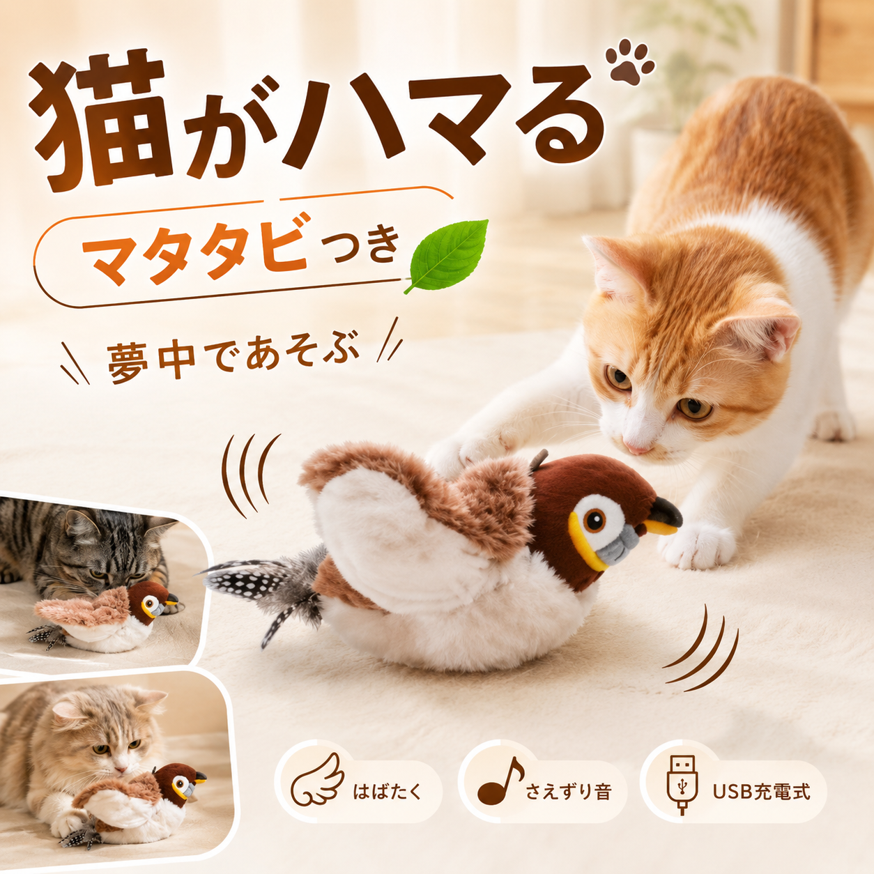 自動羽ばたき鳥おもちゃ｜猫が虜になるマタタビ付き
