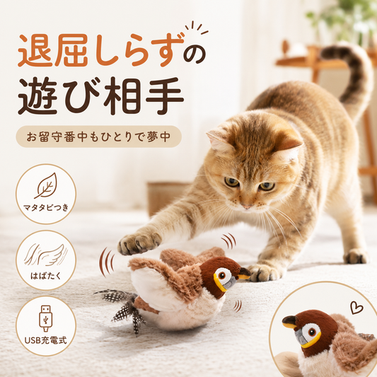 自動羽ばたき鳥おもちゃ｜猫が虜になるマタタビ付き